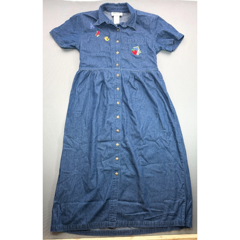 Vintage Olivia Rose Womens 12P Denim Teacher Dress ABC Apple School Button Front